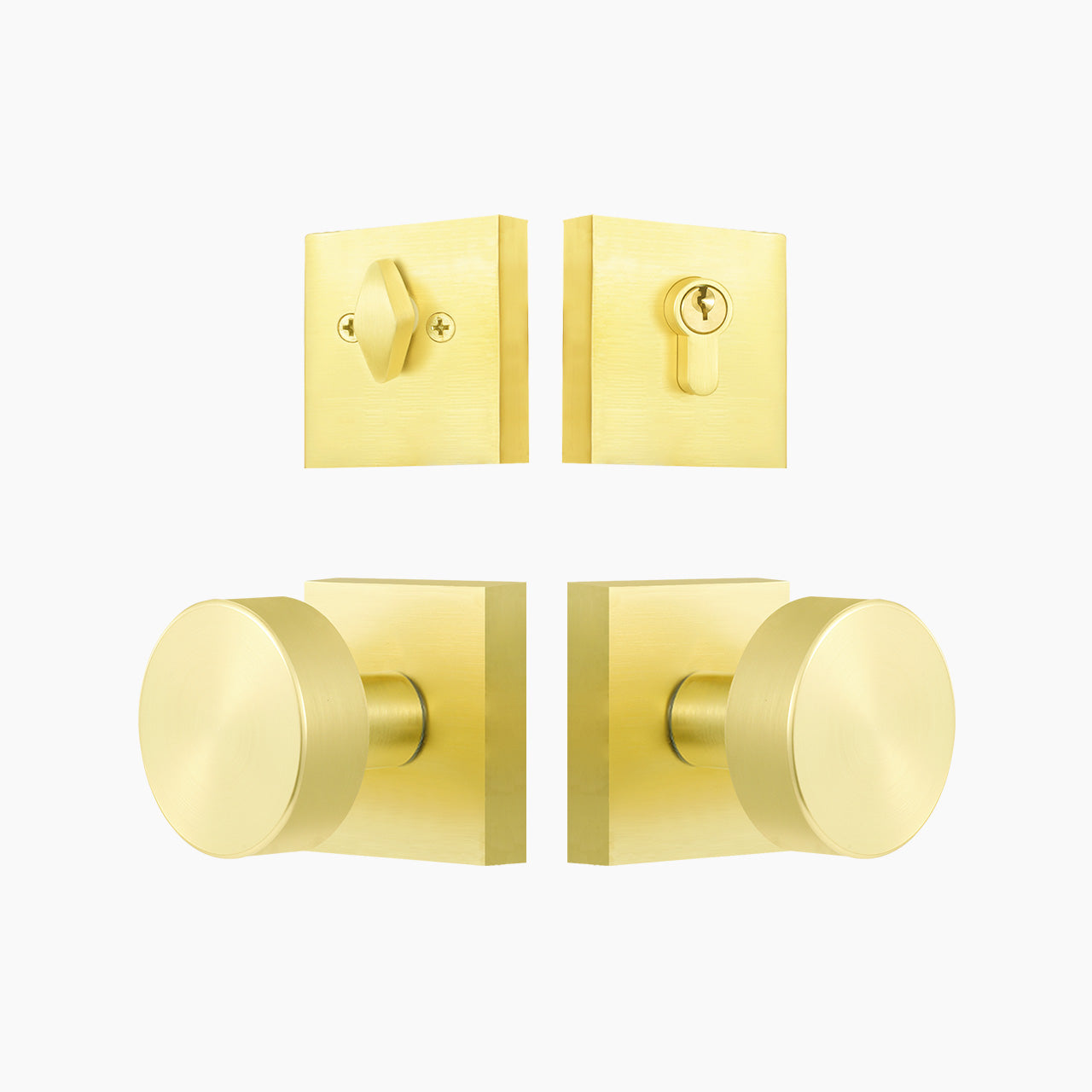 Brushed gold entry door knob set with deadbolt and square rosette, SENY