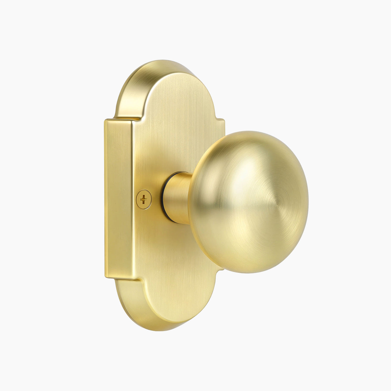 Brushed gold vintage passage door knob with curved backplate for hall and closet doors