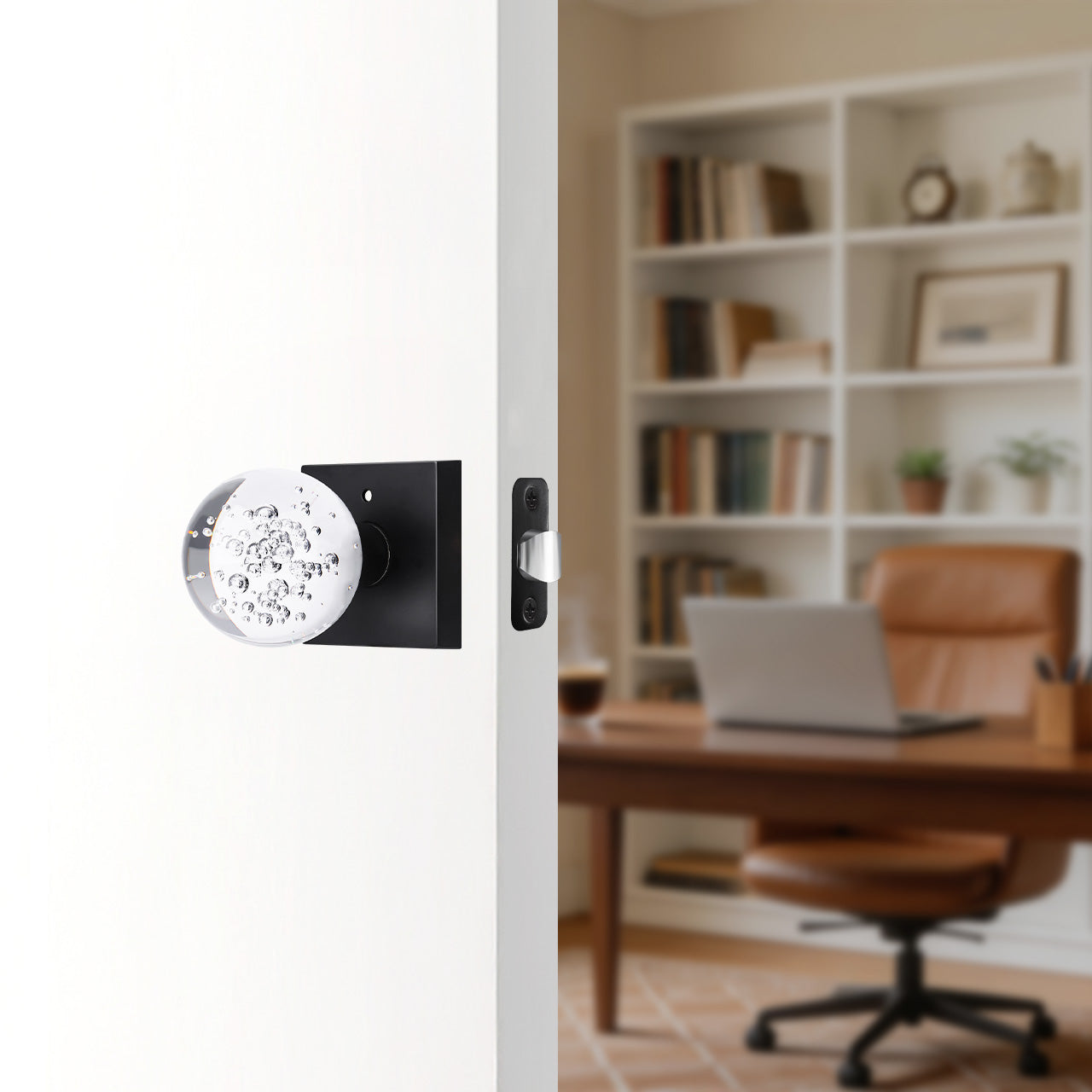 bubble glass door knob installed on interior door in modern home setting SENY