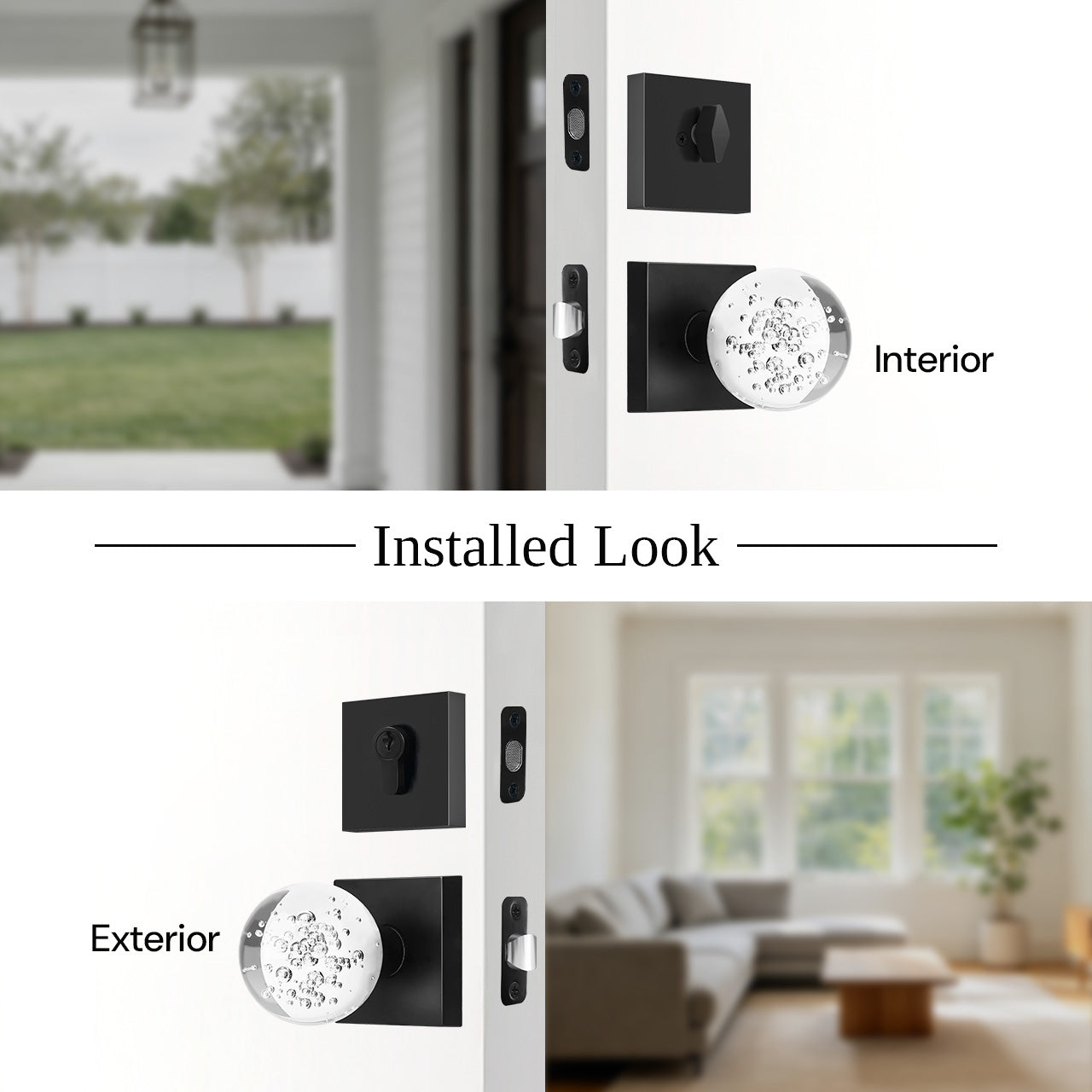 crystal ball door knob set interior and exterior door installation view SENY