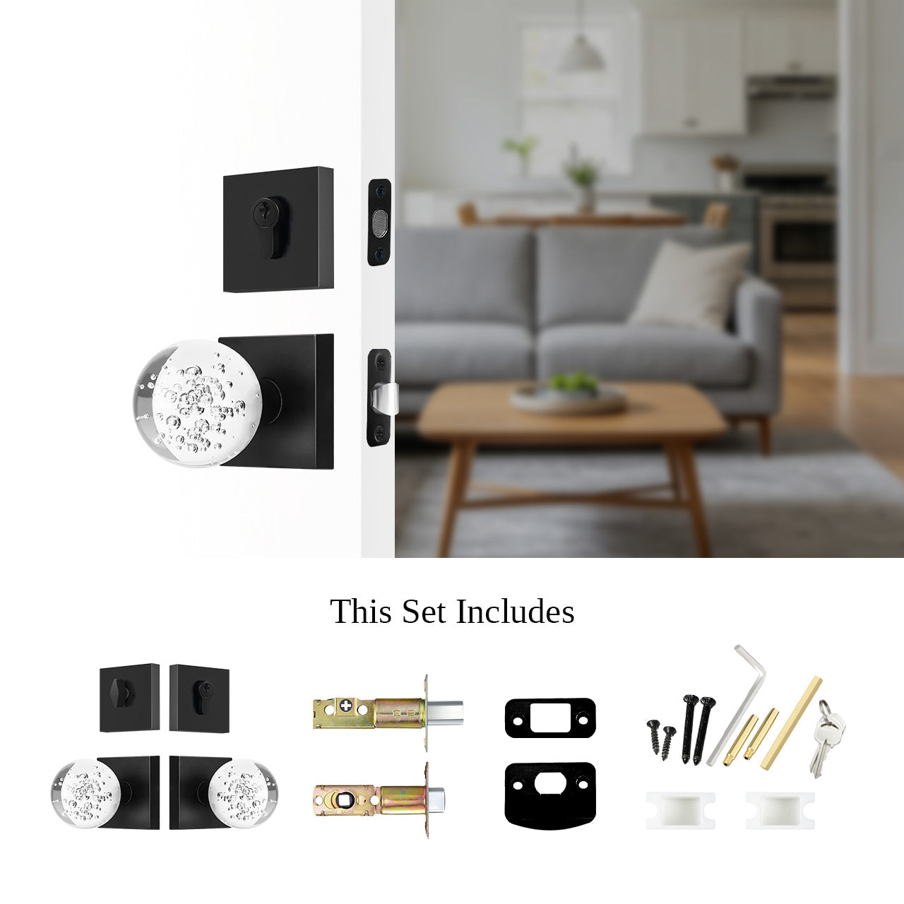 crystal ball door knob set with deadbolt components and installation hardware SENY