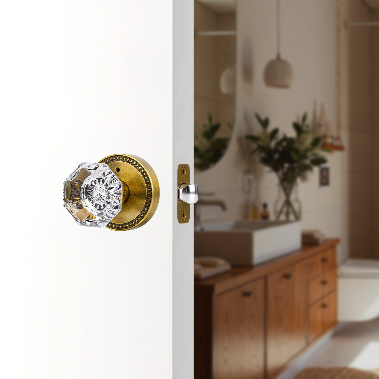 SENY crystal door knob installed on interior bathroom door