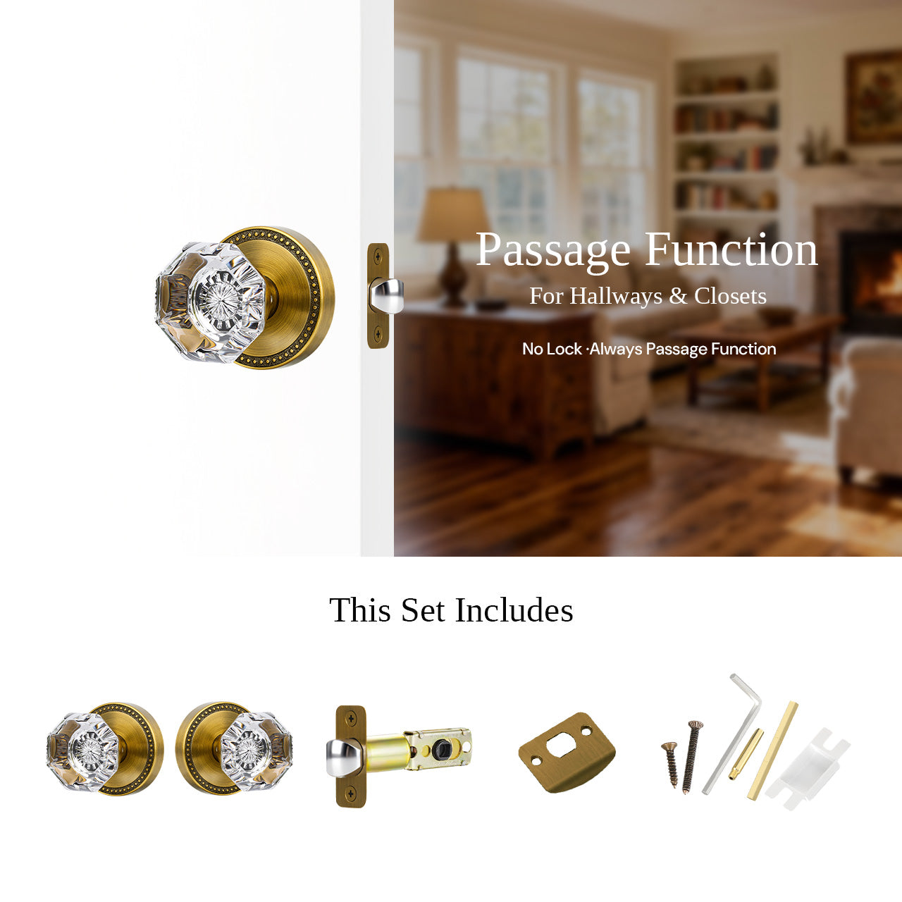 SENY crystal door knob passage function hardware set