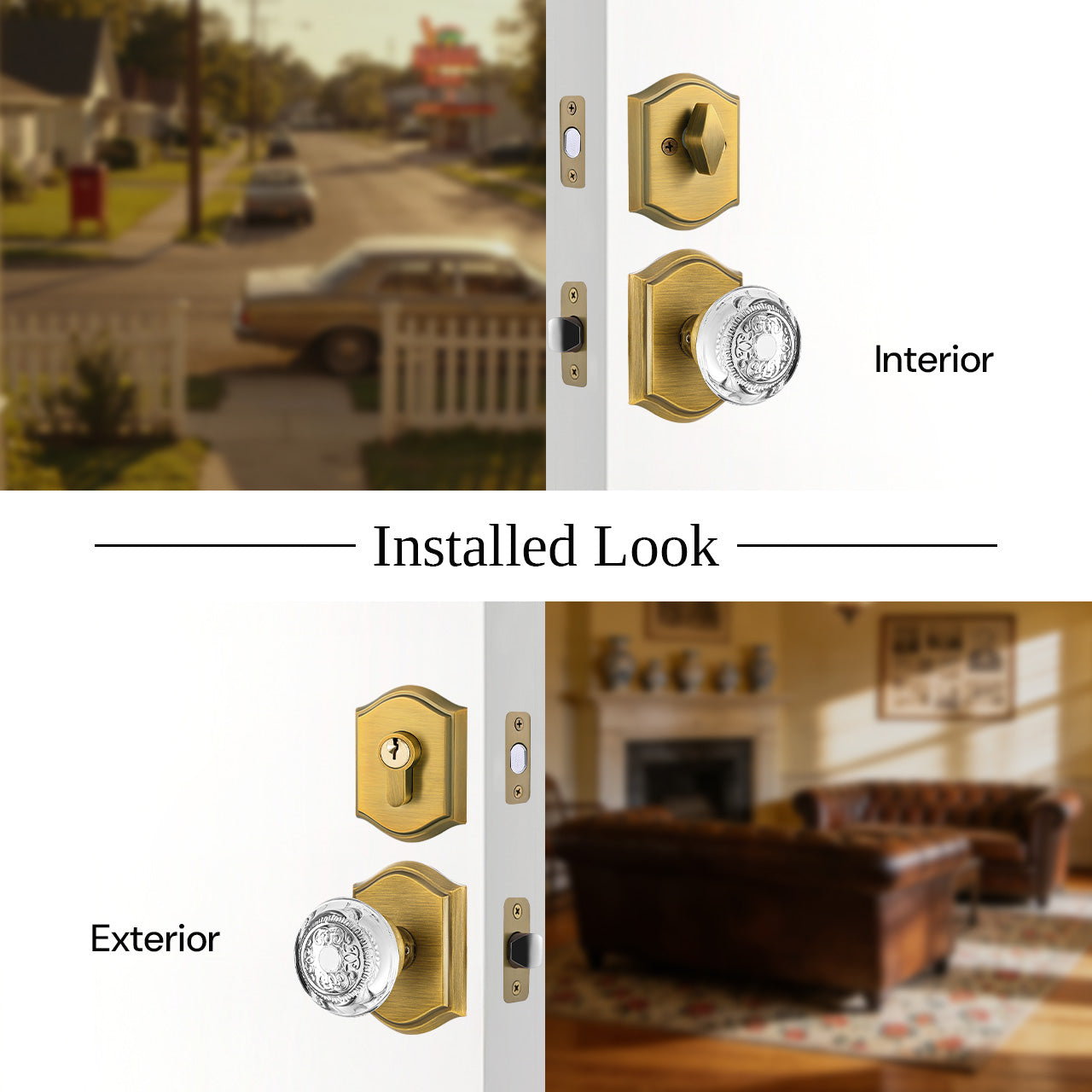 Crystal door knob with deadbolt installed with interior and exterior side view, SENY