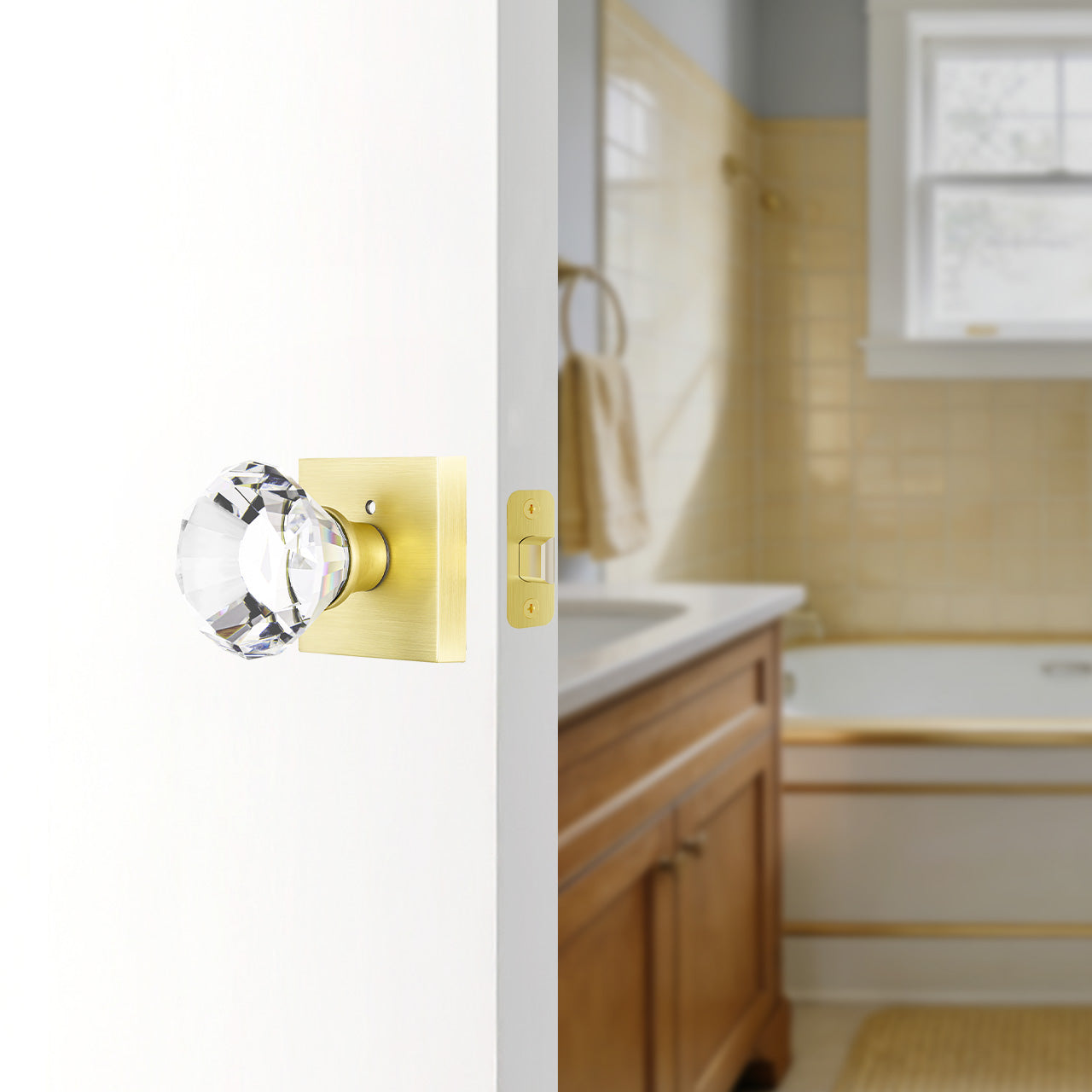 crystal door knobs interior installed on bathroom door with faceted crystal design SENY