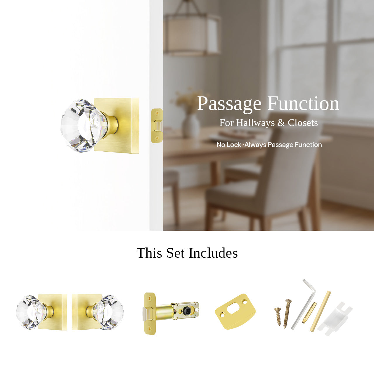 crystal door knobs interior passage function non locking door knob installed SENY