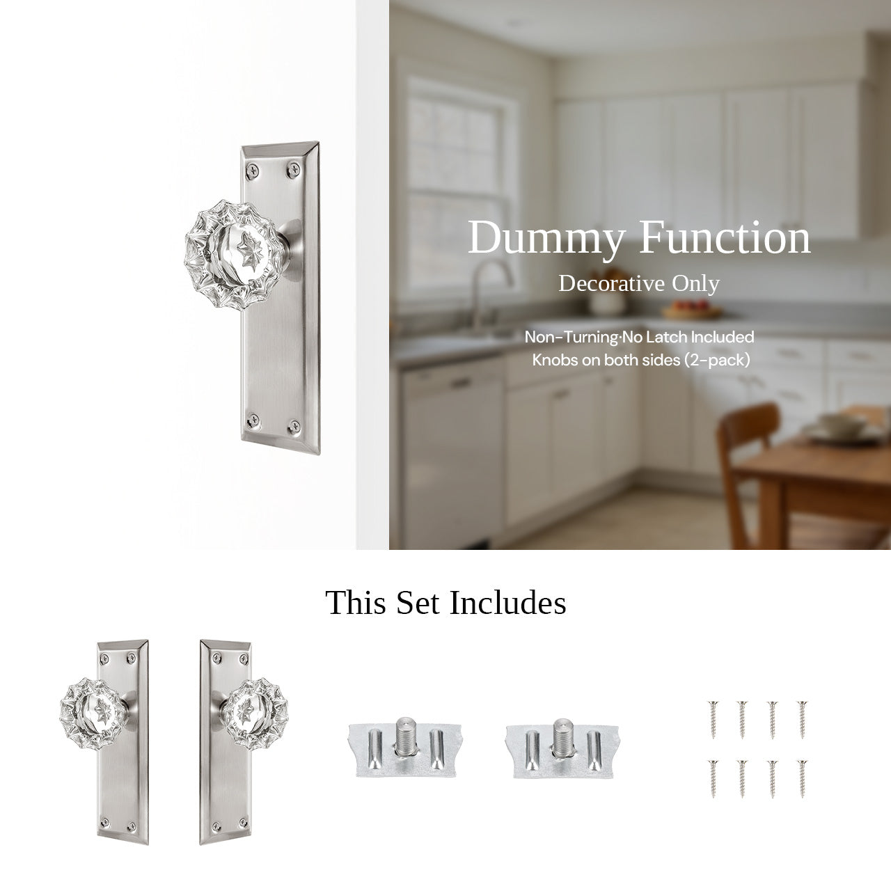crystal dummy door knob with antique decorative backplate installed view and accessories SENY