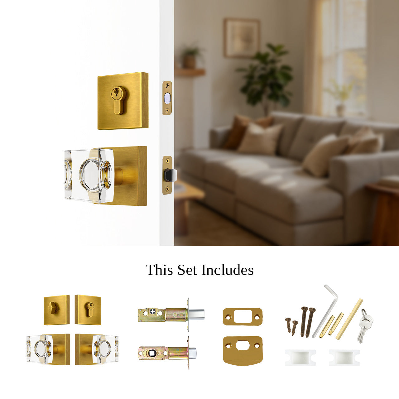 Crystal entry door hardware set including passage door knob, single cylinder deadbolt and installation hardware