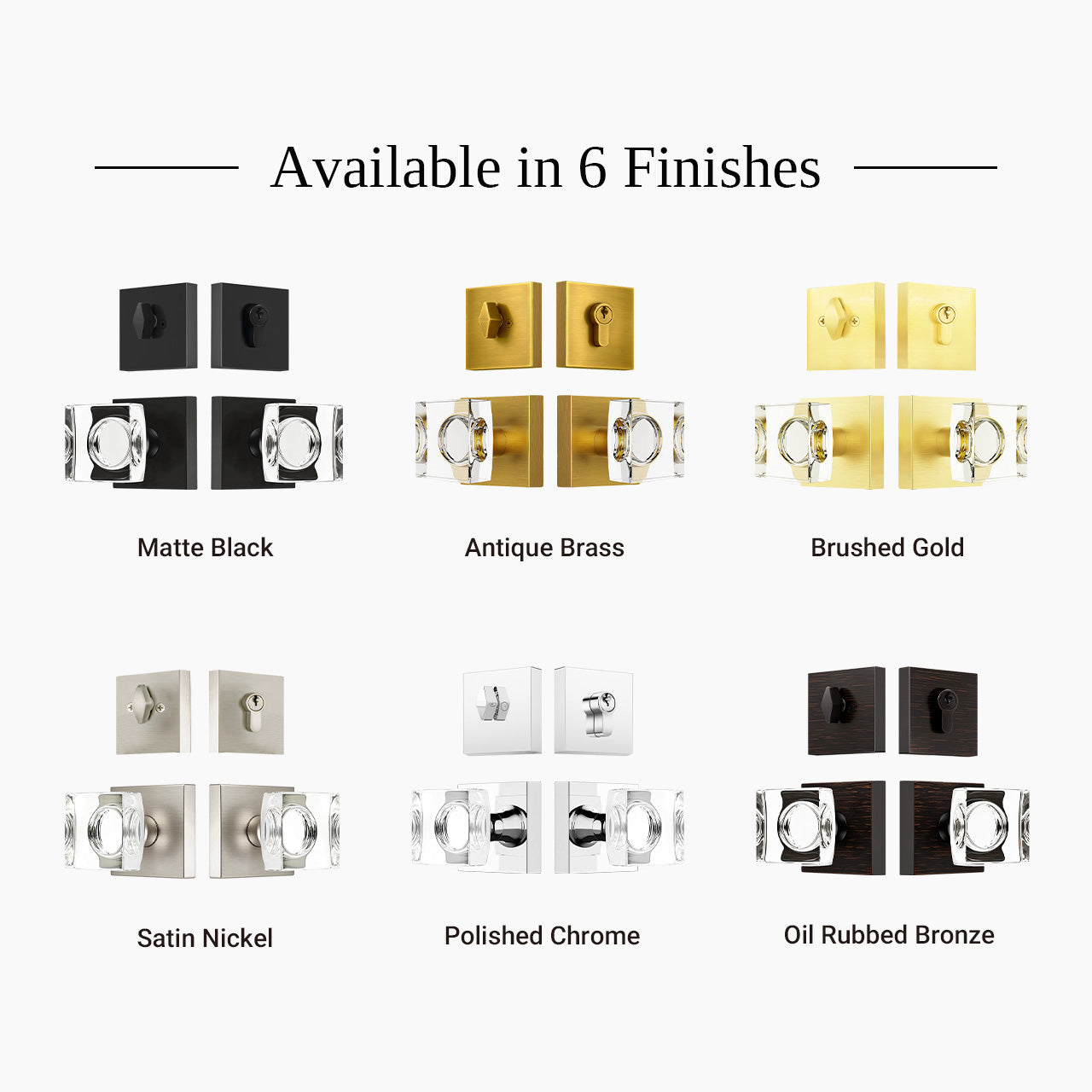 Crystal entry door knob with deadbolt available in Matte Black, Satin Nickel, Brushed Gold, Polished Chrome, Antique Brass and Oil Rubbed Bronze