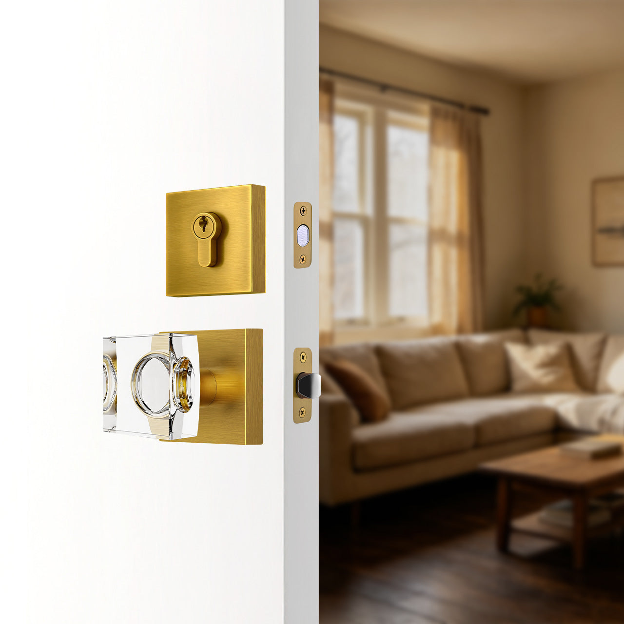 Crystal entry door knob with deadbolt installed on a modern front door