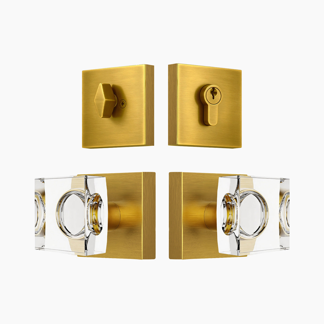 Crystal entry door knob with deadbolt set featuring a passage door knob, square backplate and single cylinder deadbolt