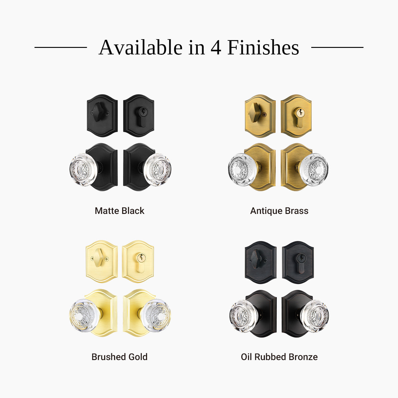 Crystal entry door lock set with deadbolt available in brushed gold matte black antique brass and oil rubbed bronze finishes, SENY