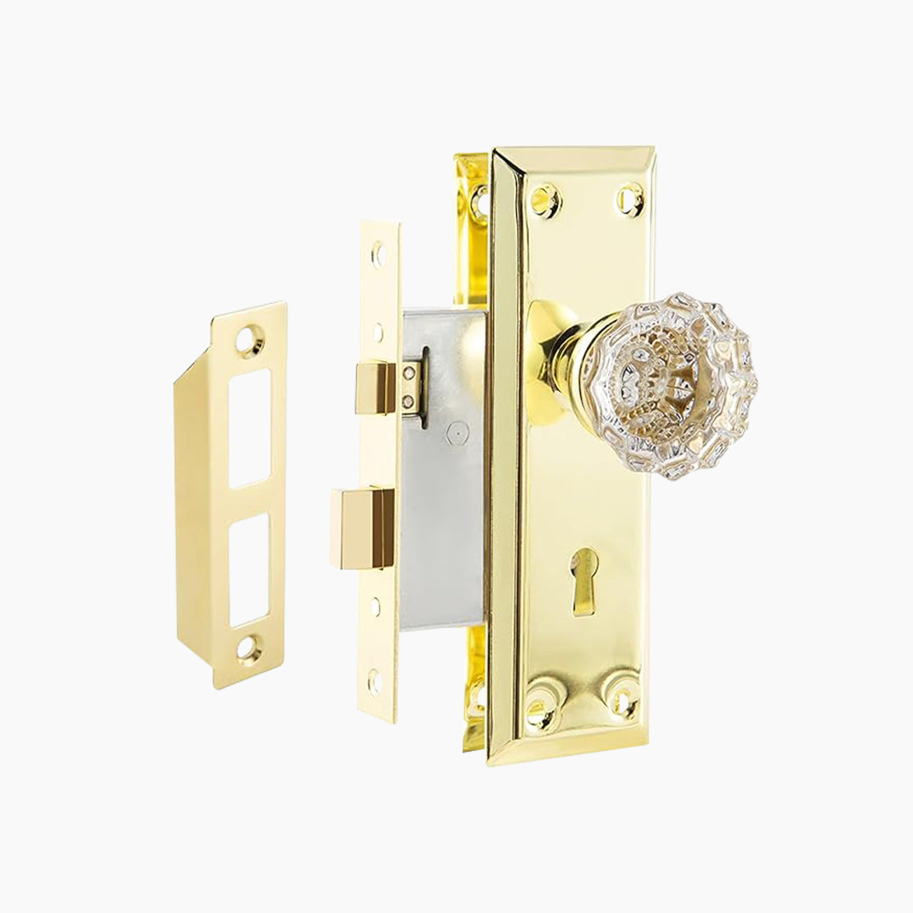SENY Antique Mortise Lock Set for Interior Doors with Floral Crystal Glass Knob, Beveled Rectangular Plate & Skeleton Key