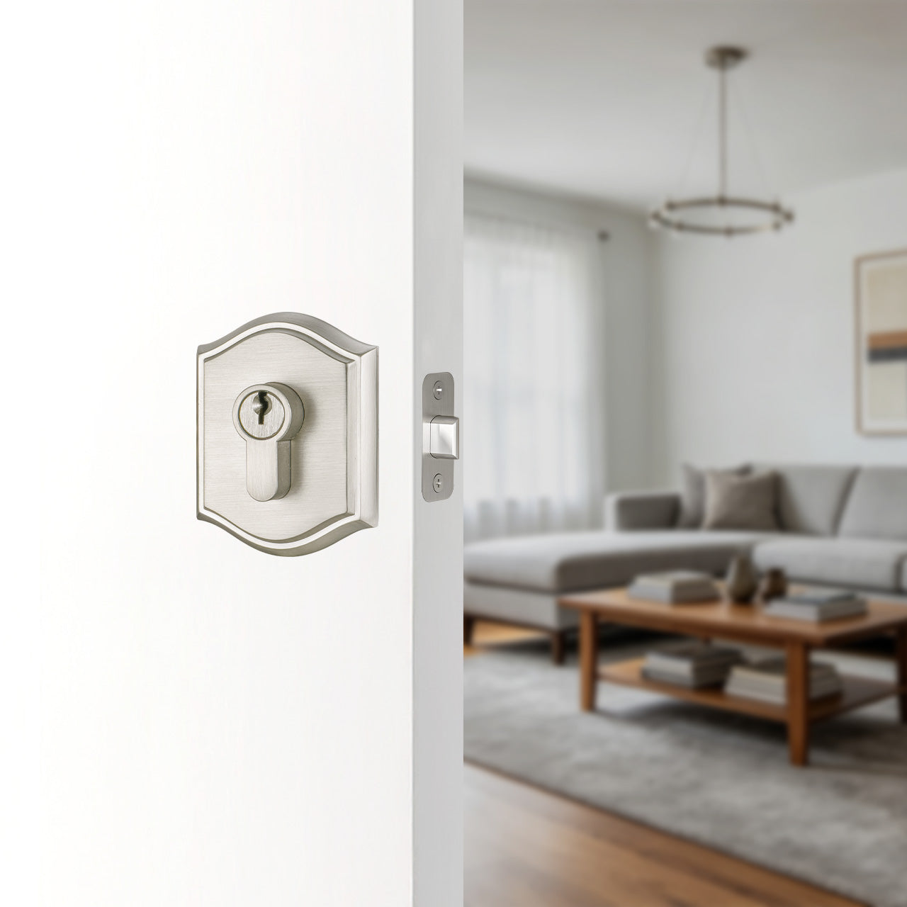 Decorative deadbolt lock installed on a front entry door SENY