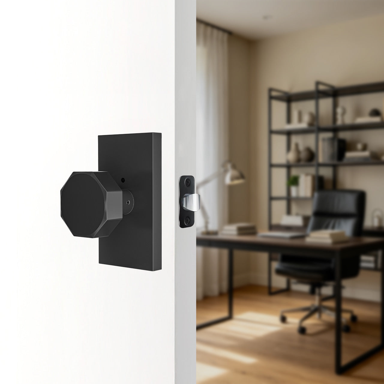 Decorative door knobs installed on interior door with octagon metal design SENY
