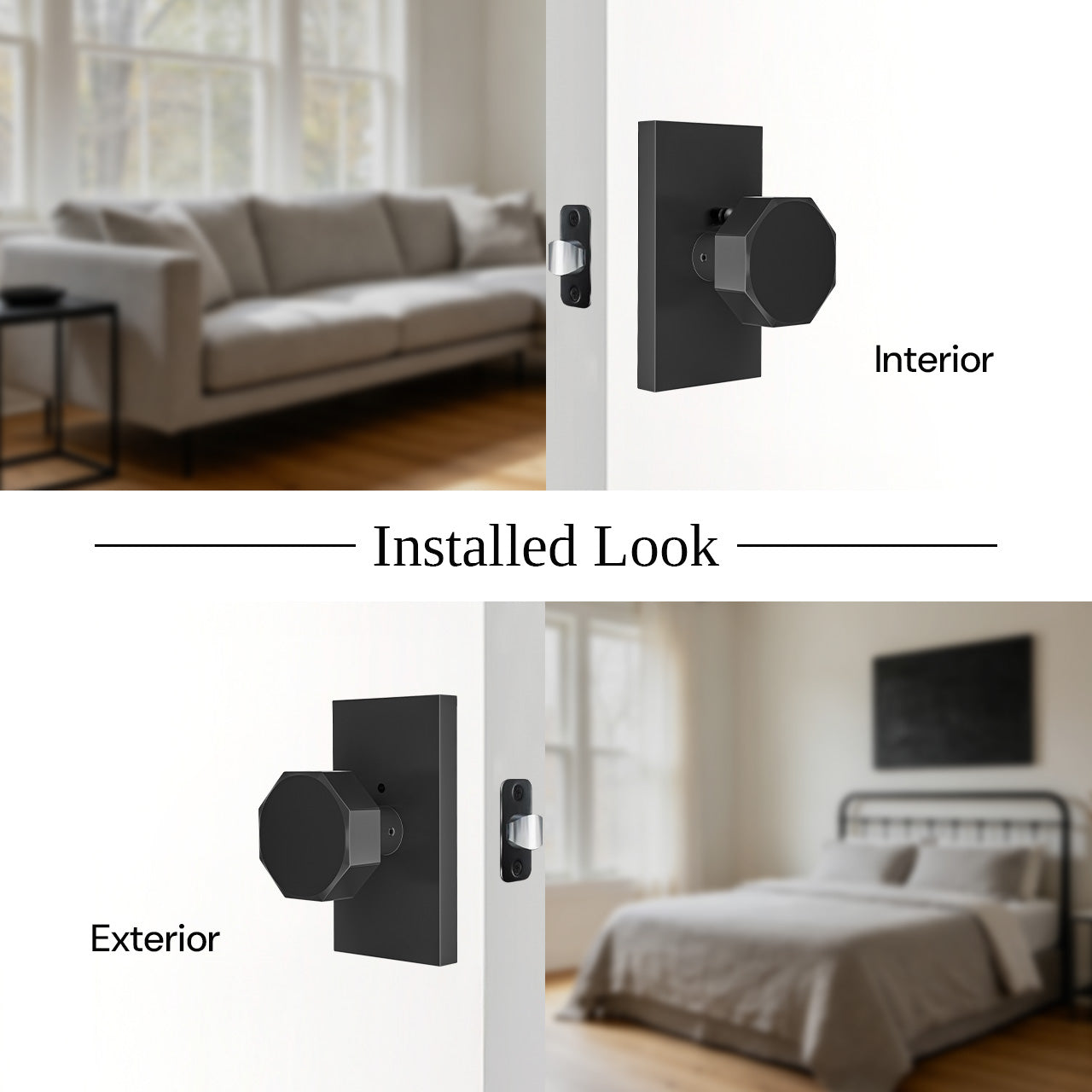 Decorative door knobs installed view from both sides of interior door SENY
