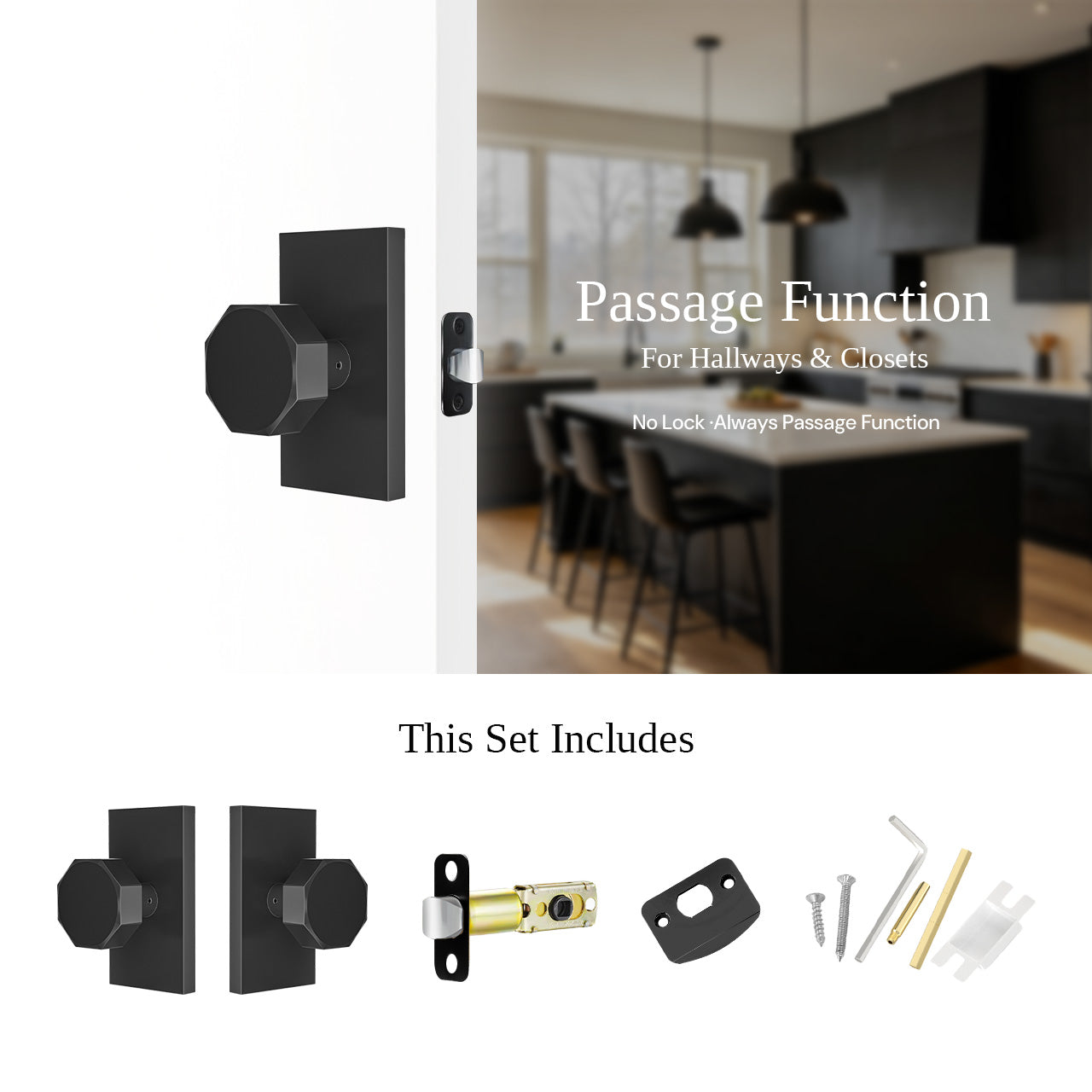 Decorative passage door knobs with octagon knob and hardware set SENY