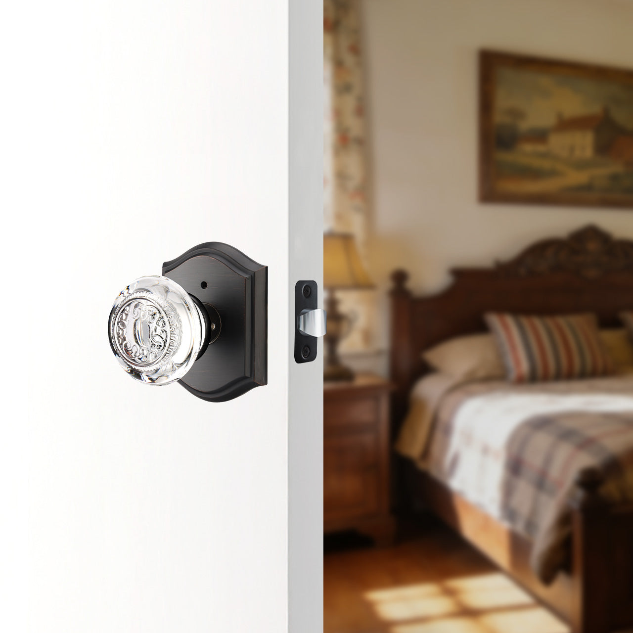 decorative glass door knobs installed on interior door SENY