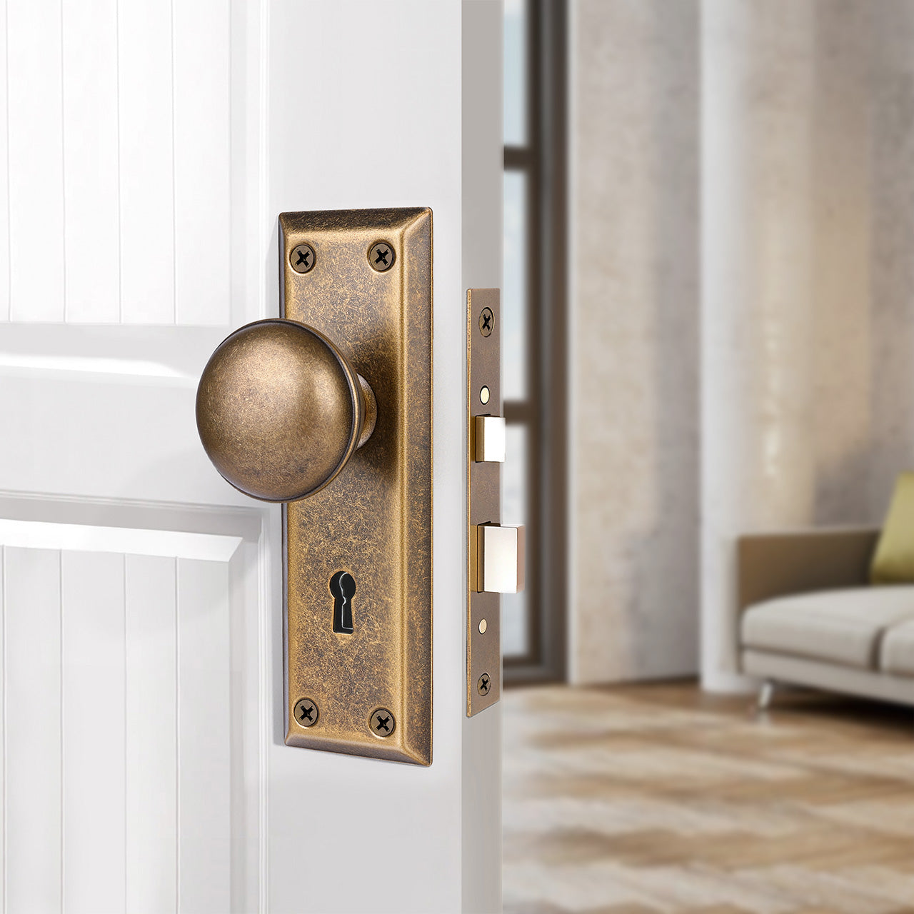 SENY Metal Mortise Lock Set for Interior Doors with Mushroom Metal Knob, Beveled Rectangular Backplate & Skeleton Key