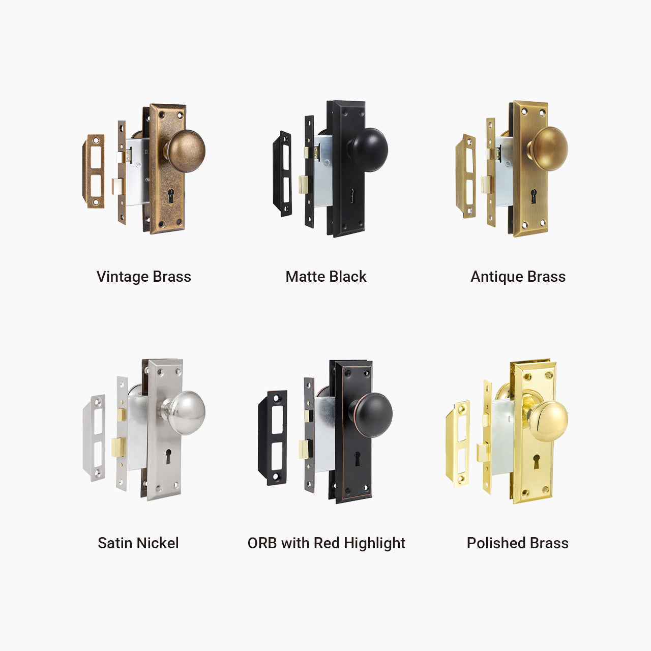 SENY Metal Mortise Lock Set for Interior Doors with Mushroom Metal Knob, Beveled Rectangular Backplate & Skeleton Key