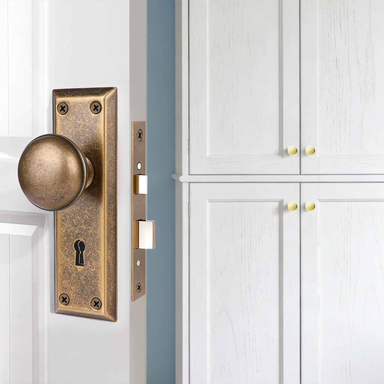 SENY Metal Mortise Lock Set for Interior Doors with Mushroom Metal Knob, Beveled Rectangular Backplate & Skeleton Key