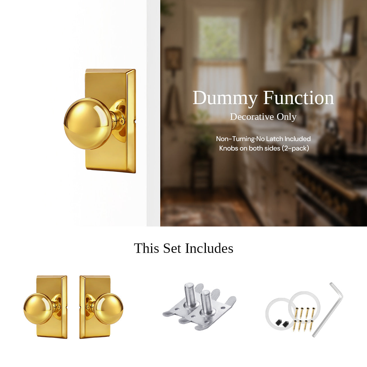 Dummy door knob installation view for decorative doors with accessories