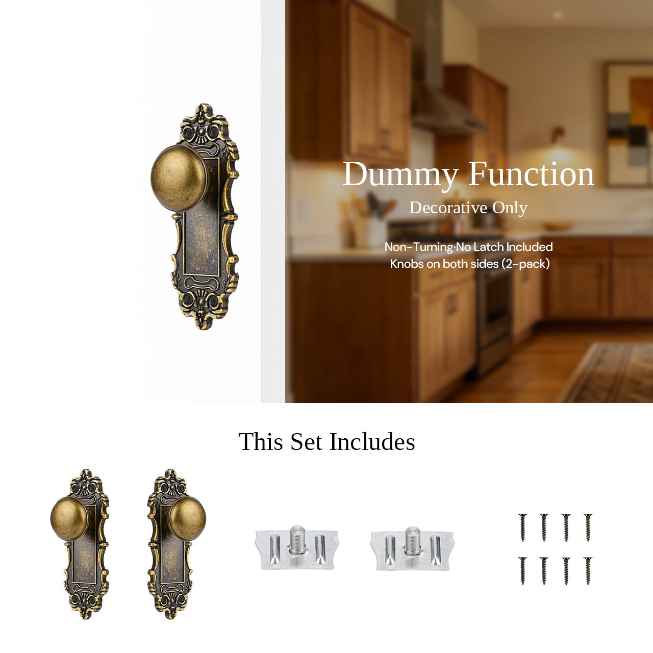 Decorative dummy mortise lock set installed on door with matching hardware, SENY
