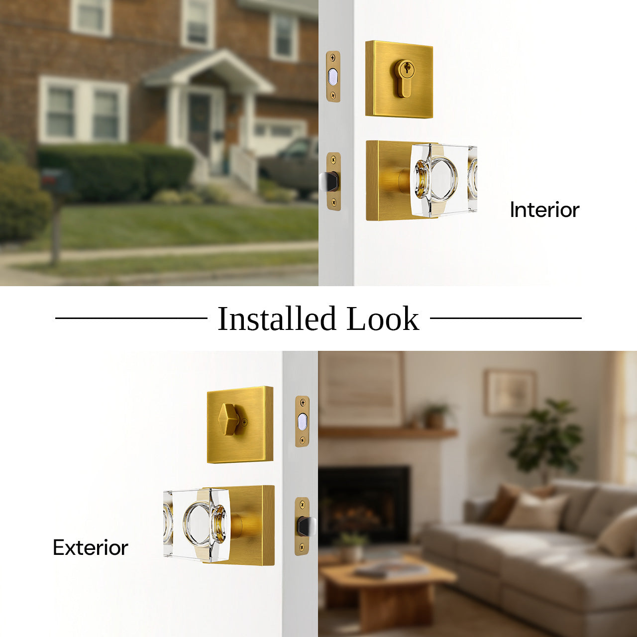 Interior and exterior view of a crystal entry door knob with matching deadbolt installed