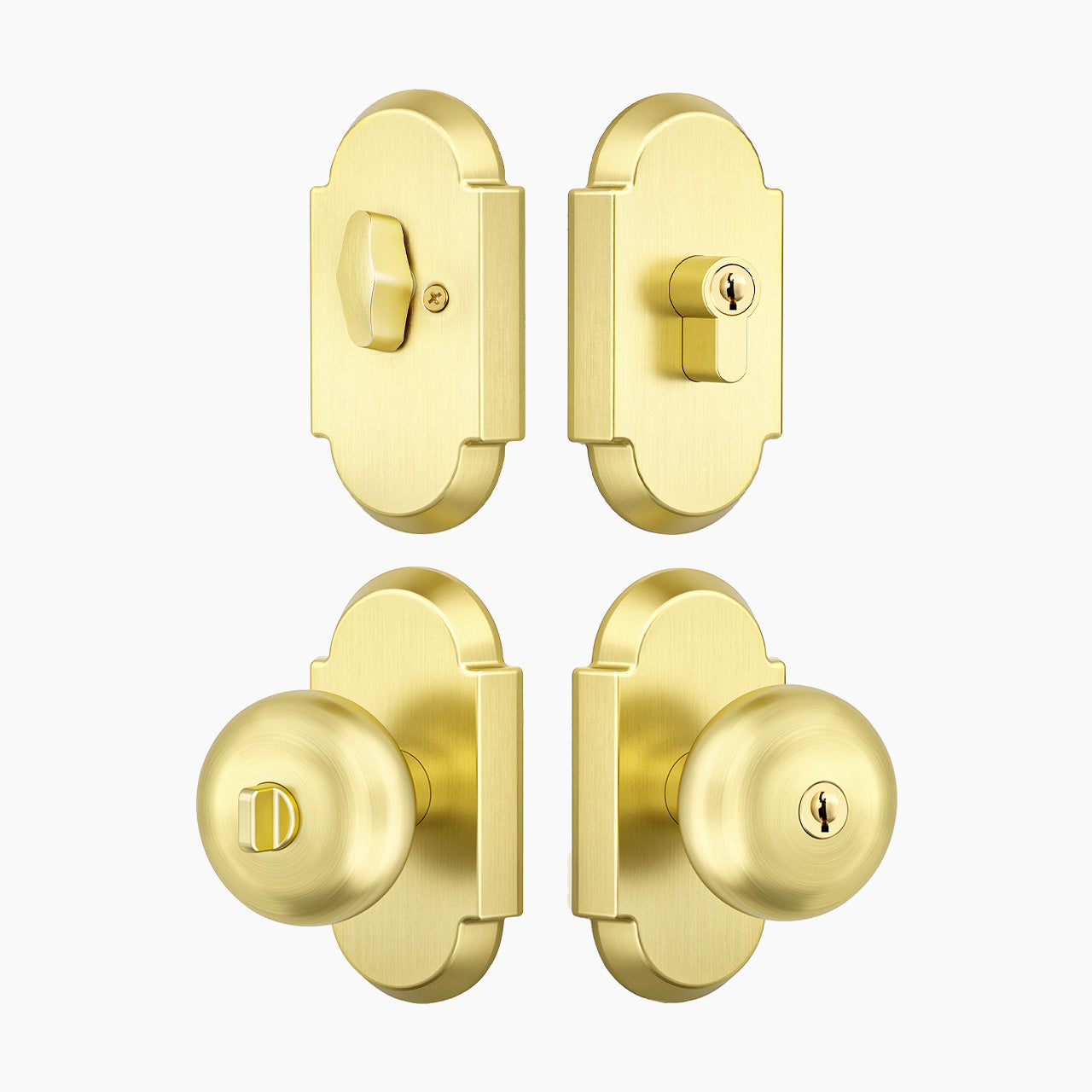 Entry door knob set with deadbolt and arch rosette mushroom knob in brushed gold finish, SENY