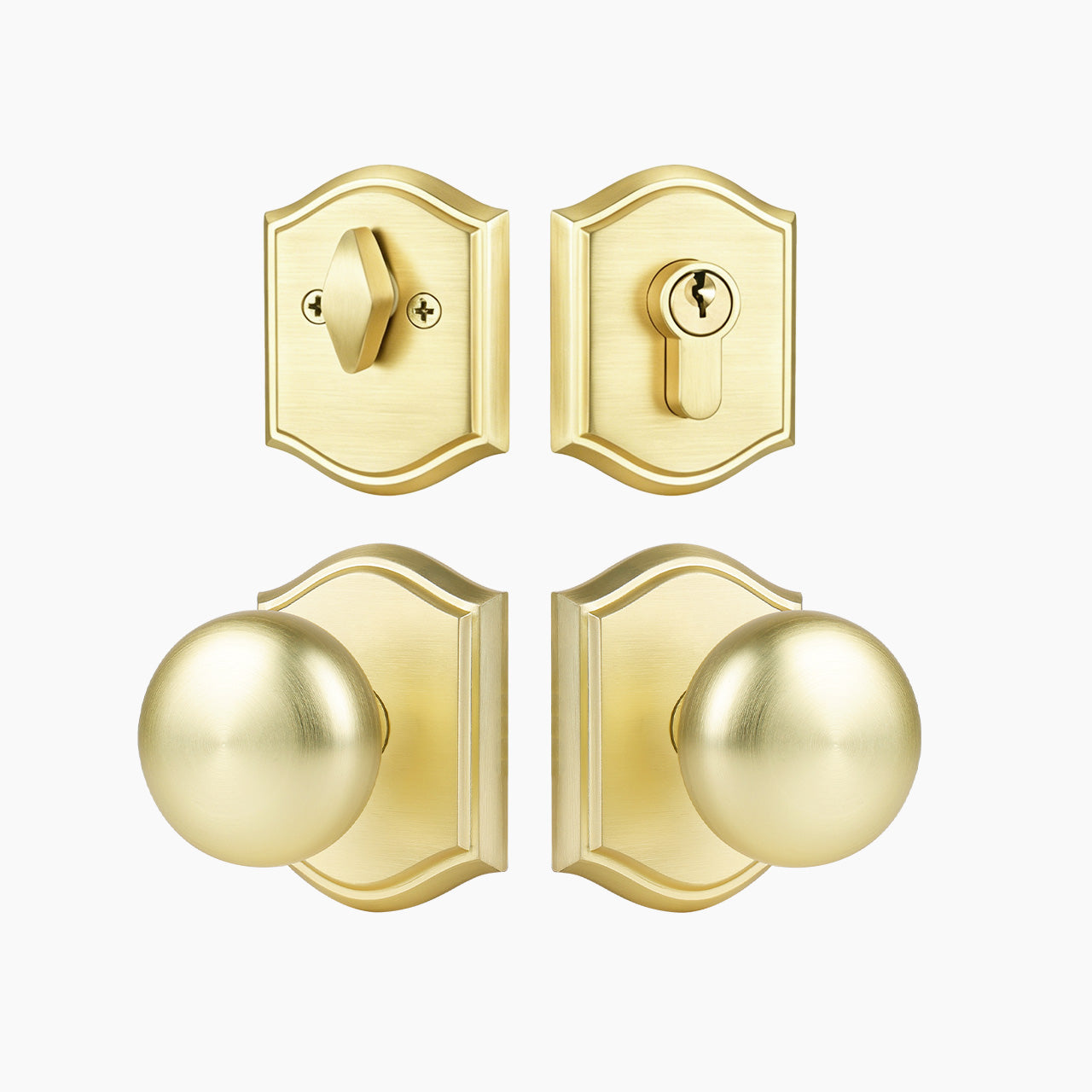 Entry door knob set with deadbolt and arched plate in brushed gold finish, SENY
