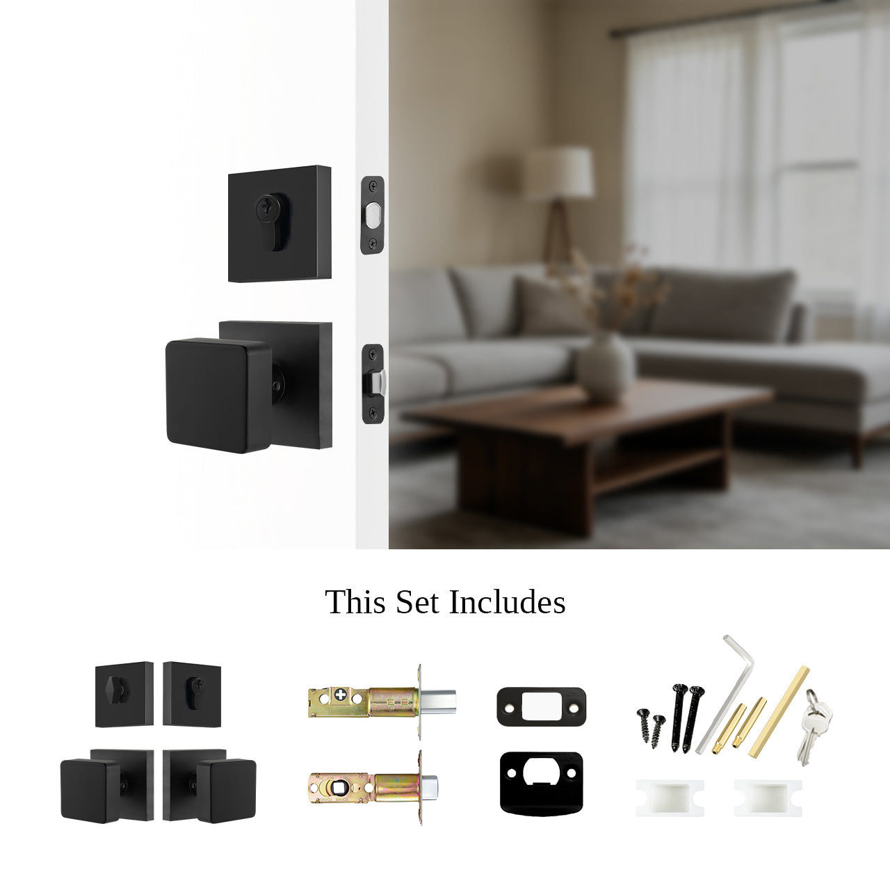 Entry door knob set with deadbolt installed on door with complete hardware components, SENY