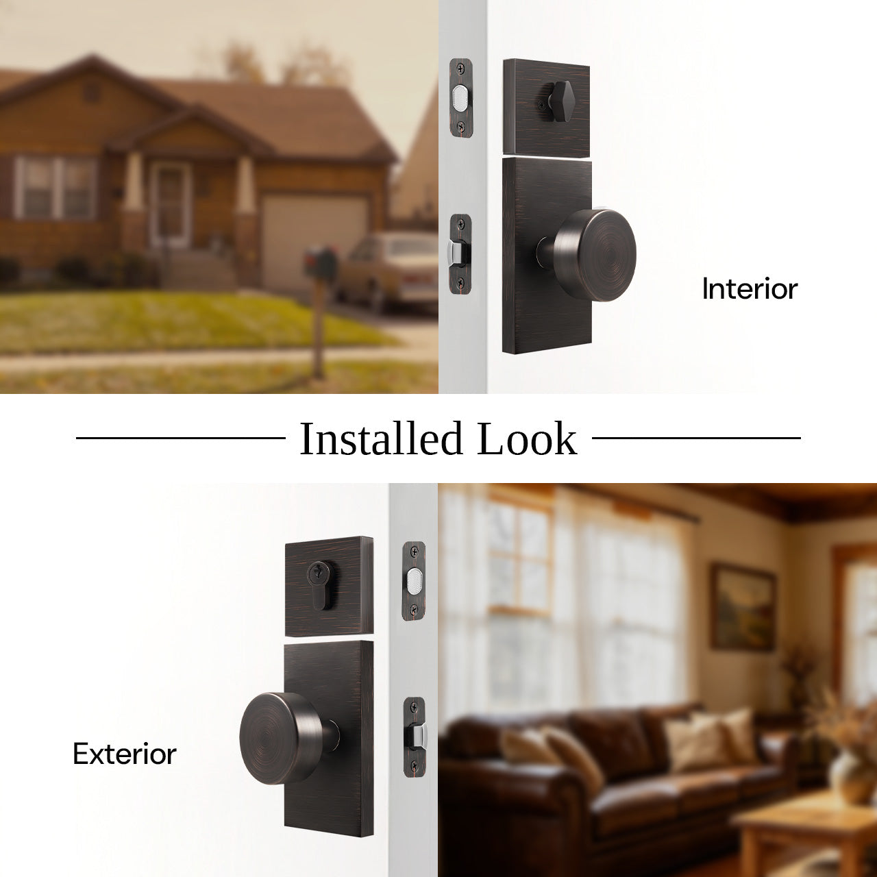 Entry door knob with rectangular backplate installed with interior and exterior side view, SENY
