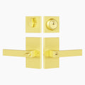 Entry door lever set with deadbolt and square rosette in brushed gold finish, SENY