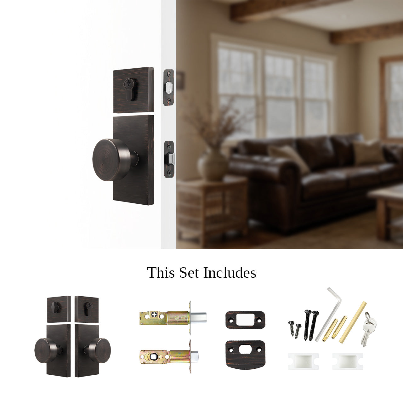 Entry door lock set with deadbolt and rectangular backplate installed with hardware components, SENY