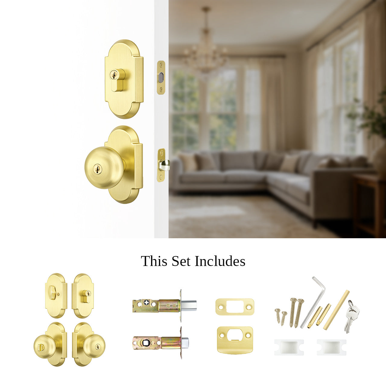 Entry door lock set with knob and deadbolt installed with hardware components and keyed alike function, SENY