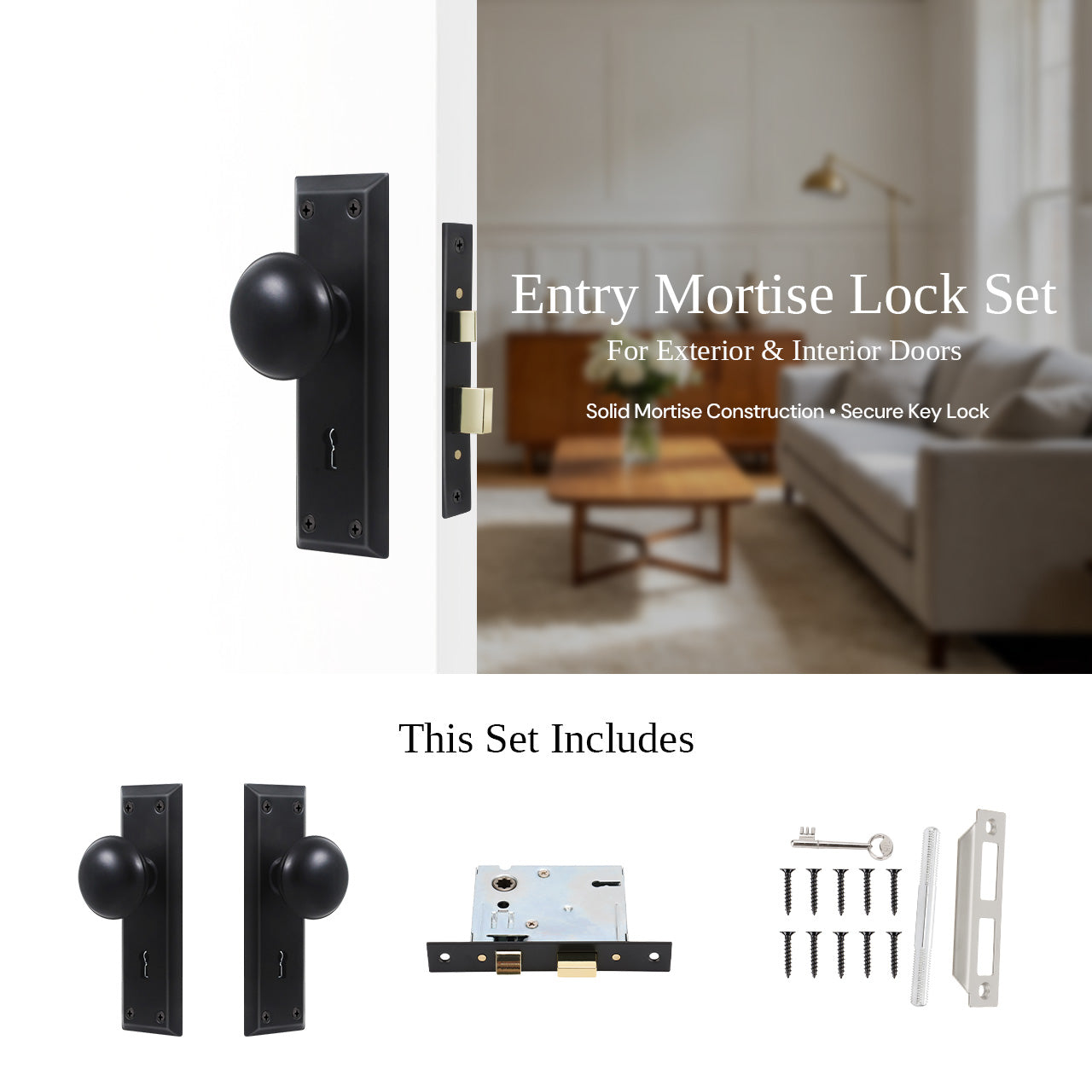 Exterior entry mortise lock set with skeleton key installed on front door with hardware components, SENY