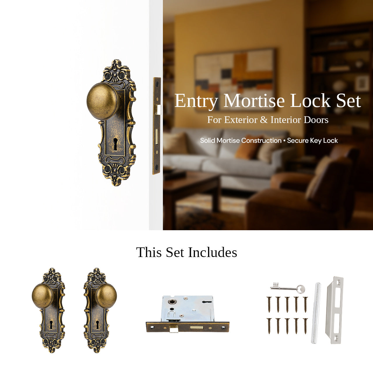 Entry mortise lock set with skeleton key installed on door with hardware components, SENY