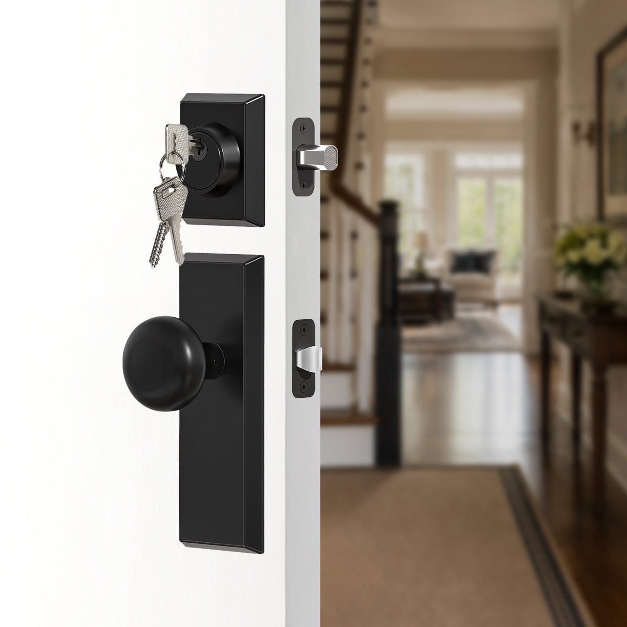 SENY Entry Door Knob Set with Deadbolt – Keyed Alike Round Knob with Rectangular Backplate