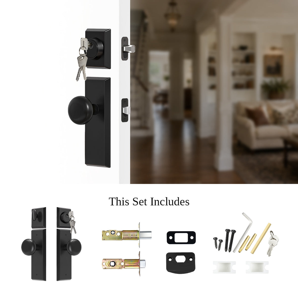 SENY Entry Door Knob Set with Deadbolt – Keyed Alike Round Knob with Rectangular Backplate