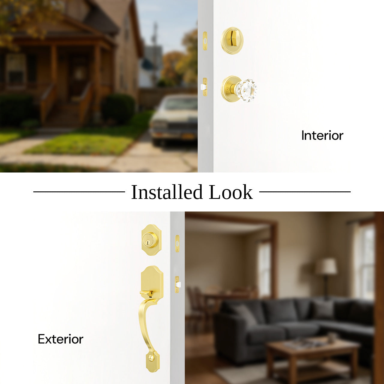 Exterior door knob and deadbolt set showing interior and exterior installed views