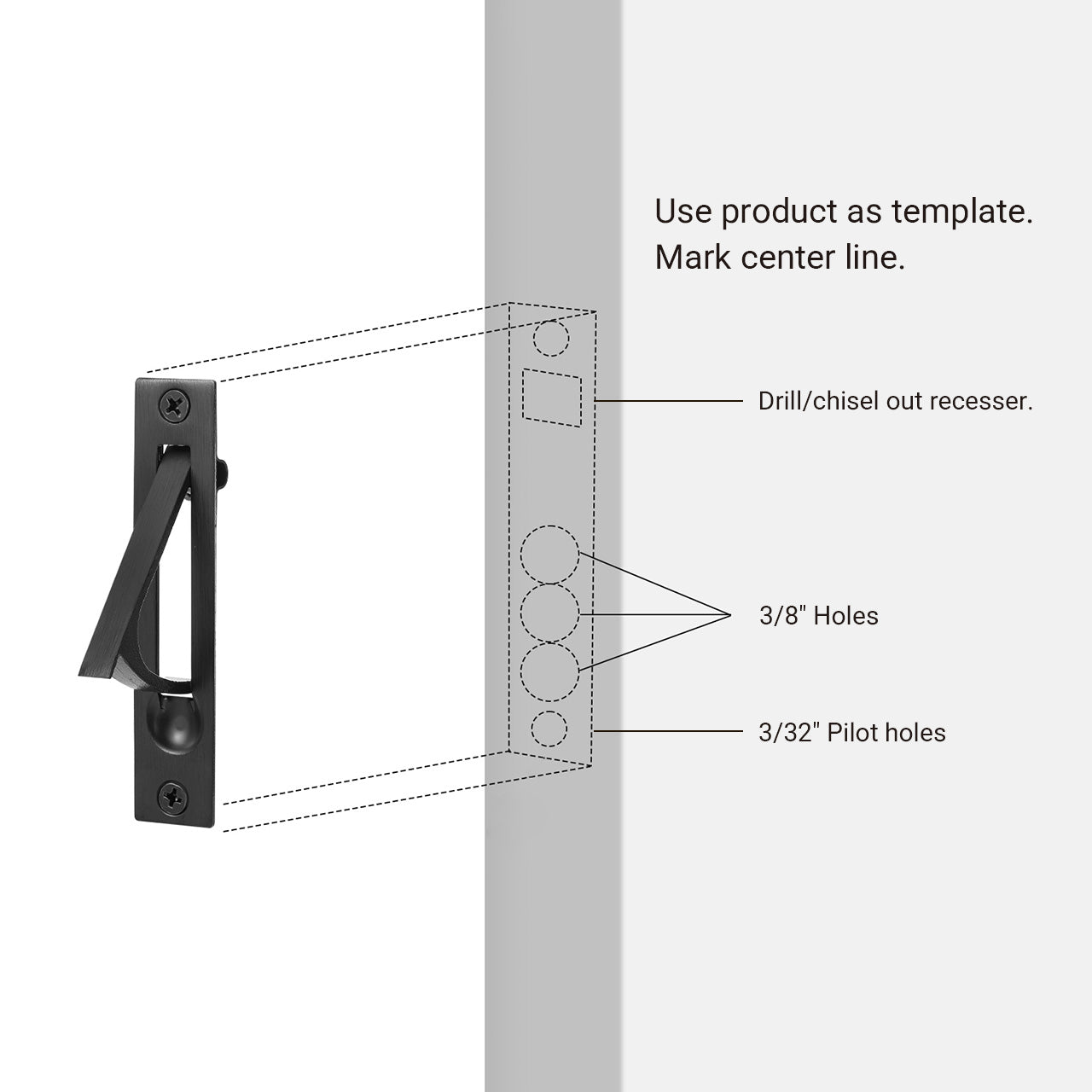 Flush pocket door edge pull installation guide with center line marking instructions SENY