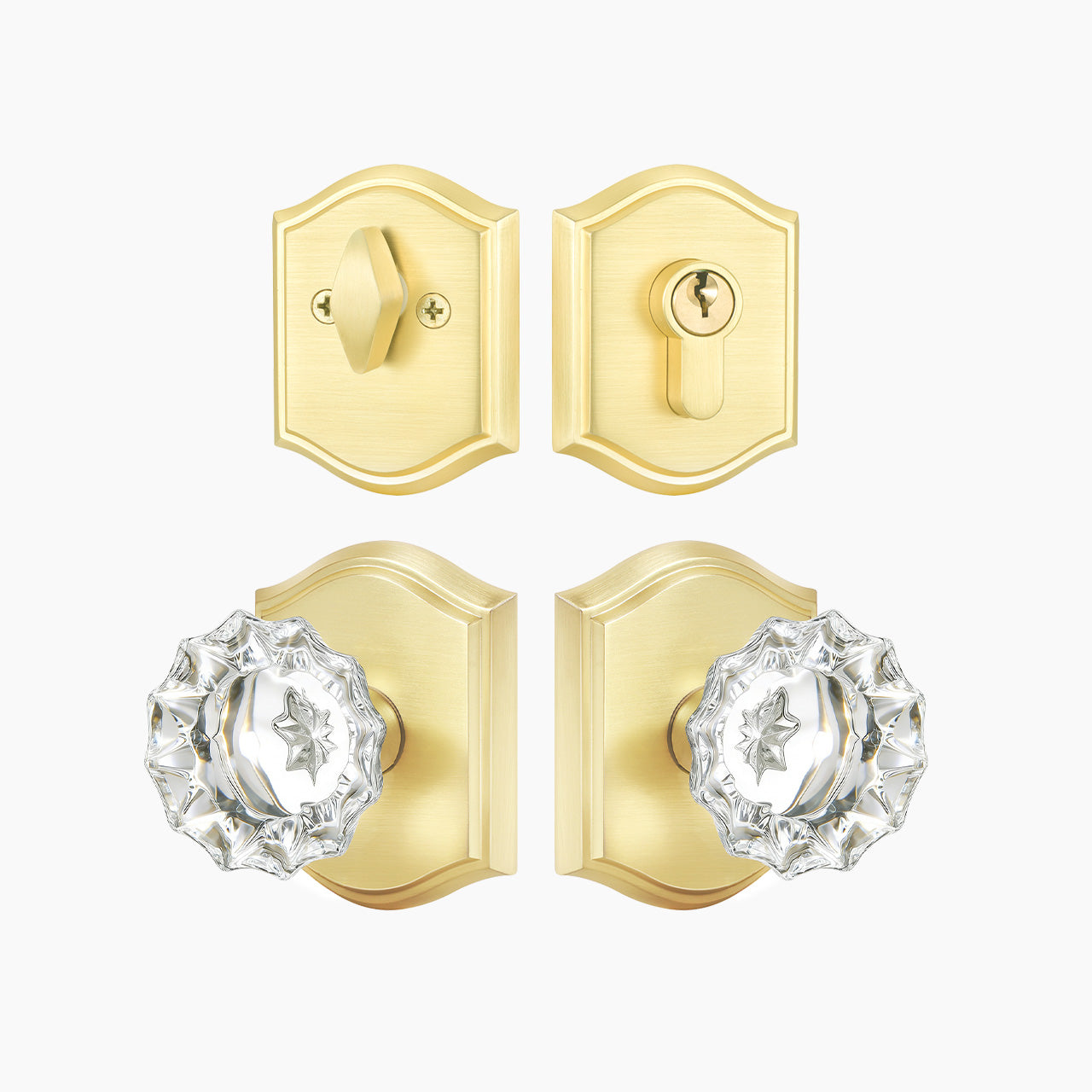 front door knob and deadbolt set in brushed gold finish SENY