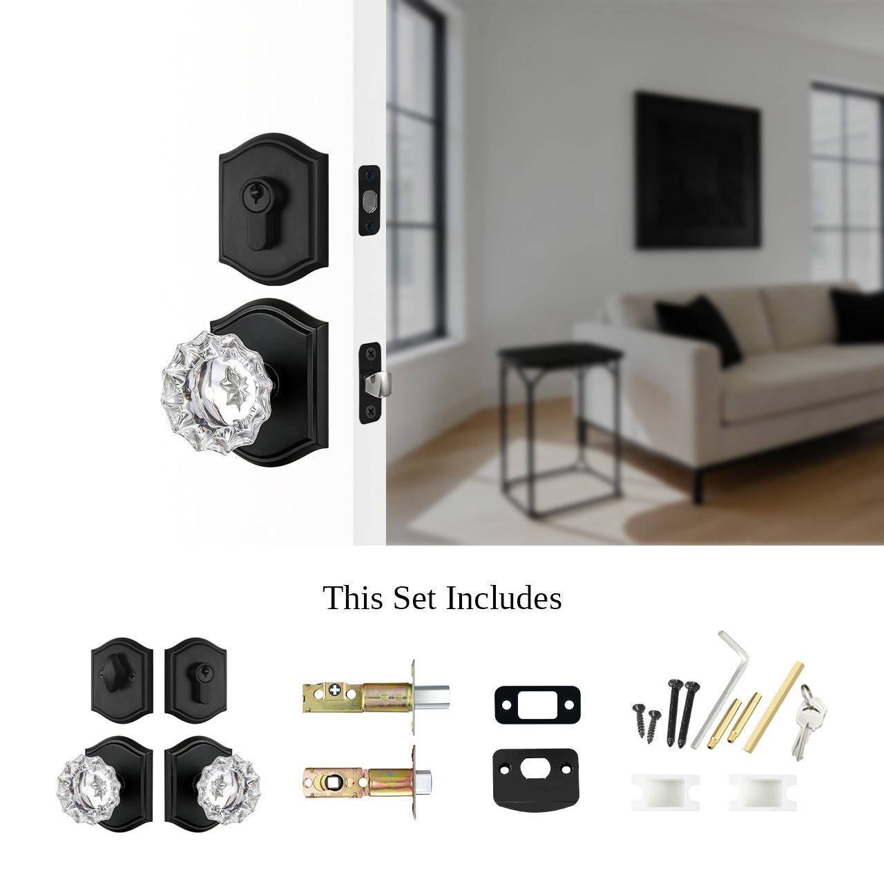 front door knob and deadbolt set components including latch screws and hardware SENY