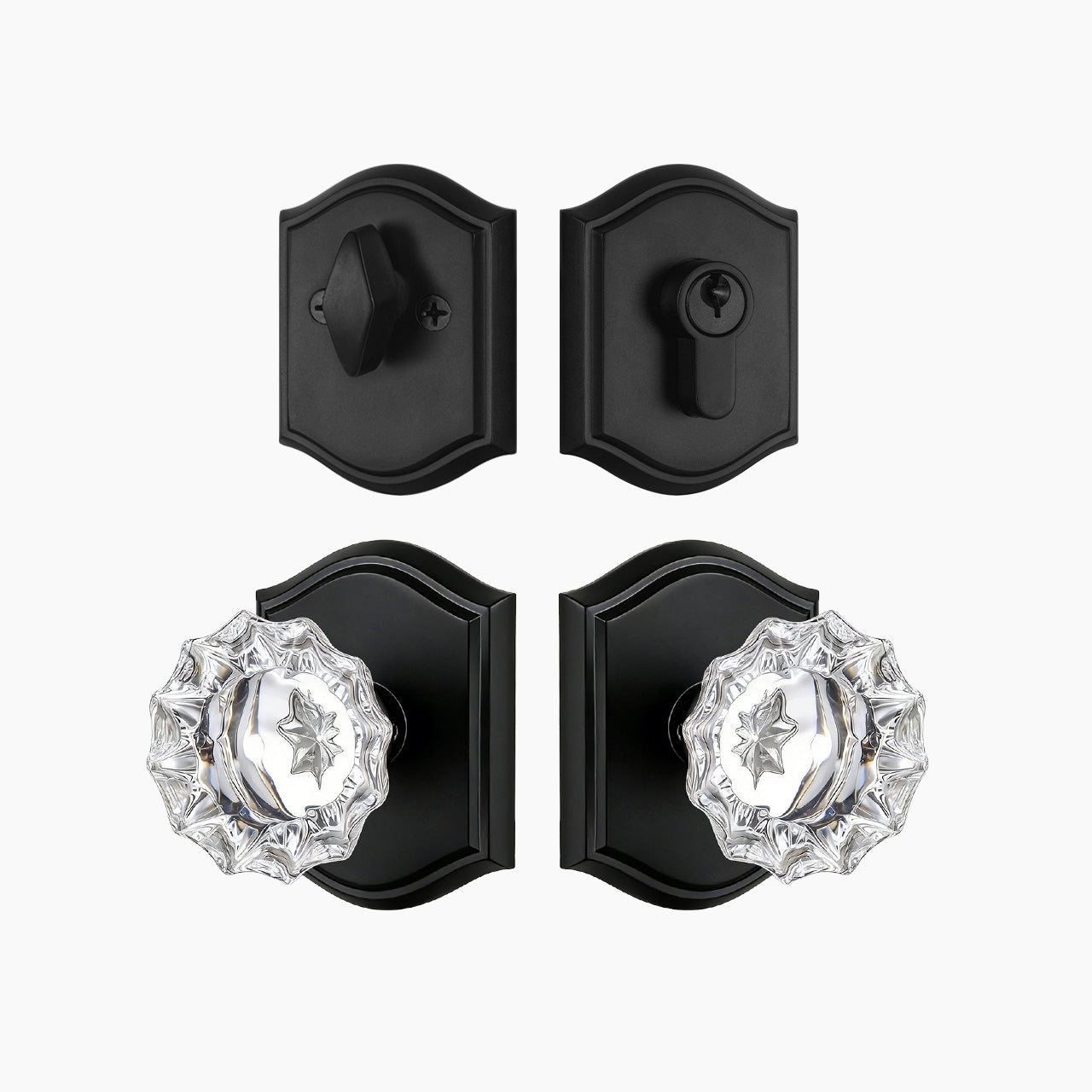 crystal front door knob and deadbolt set with black finish front view SENY