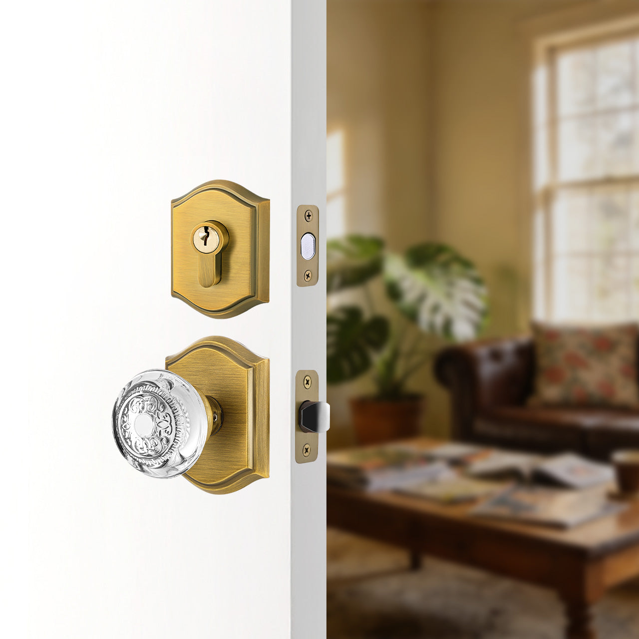 Front door knob with deadbolt and crystal glass knob installed on exterior entry door, SENY