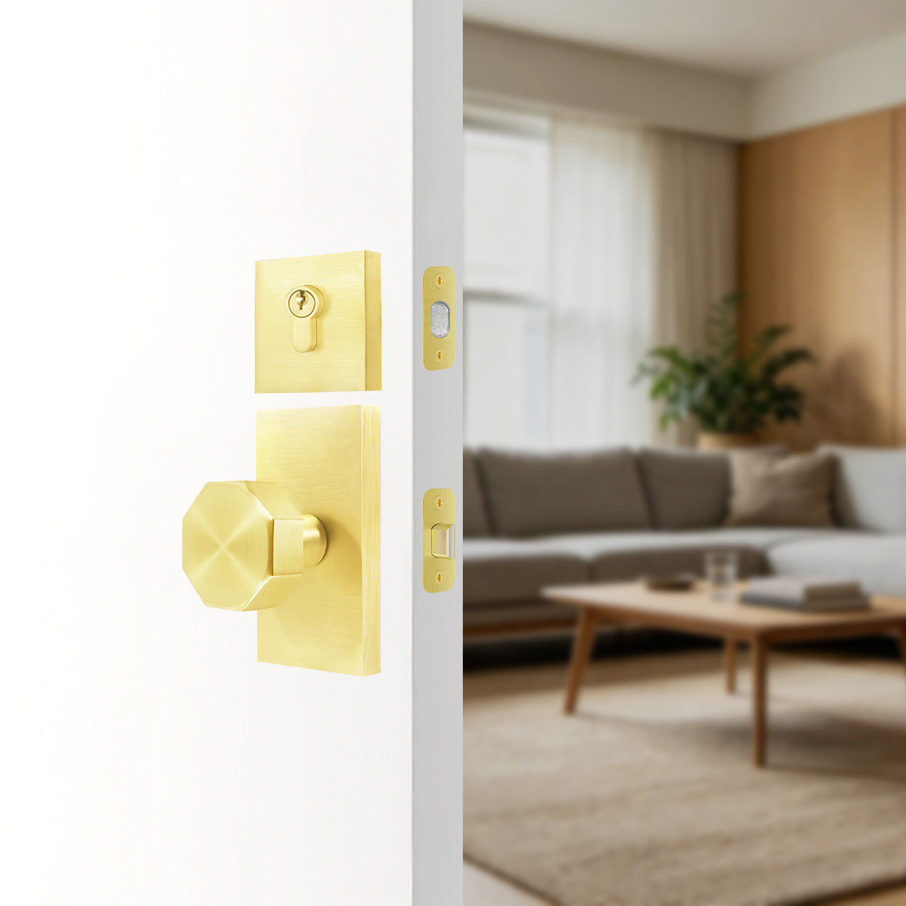 Front door knobs and deadbolts with geometric octagon knob design installed on exterior door, SENY
