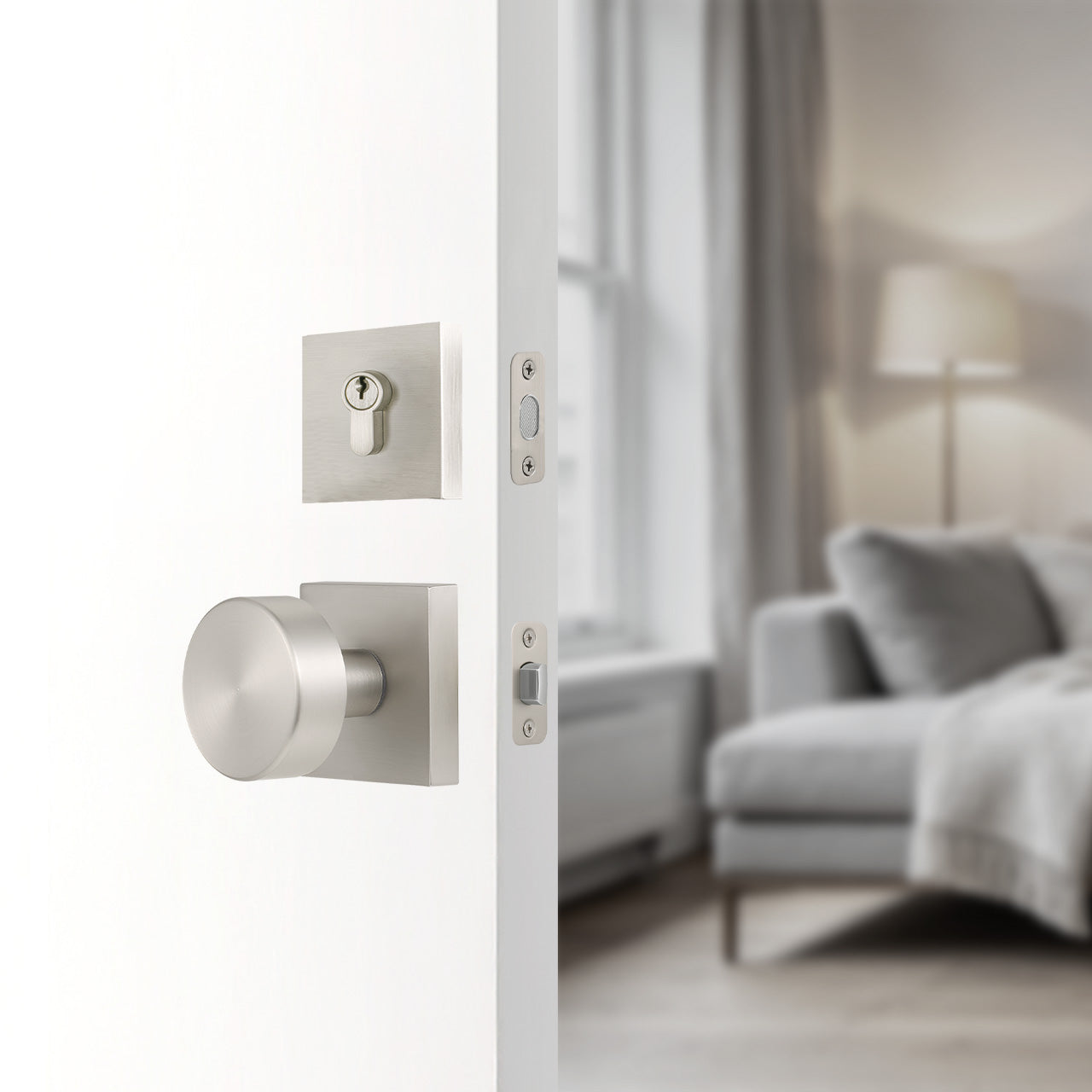 Front door knobs and deadbolts with square rosette installed on exterior entry door, SENY