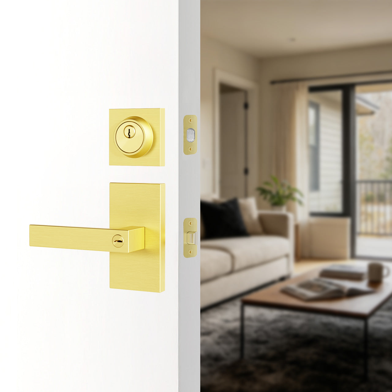 Front door lever with deadbolt installed on exterior entry door, SENY