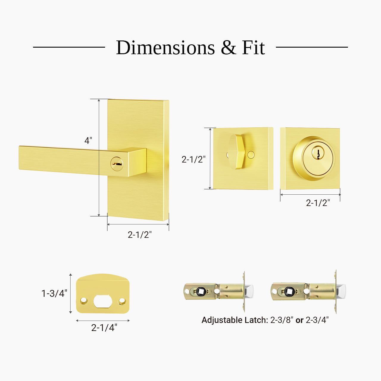 Front door lock set with deadbolt dimensions and standard exterior door fit guide, SENY