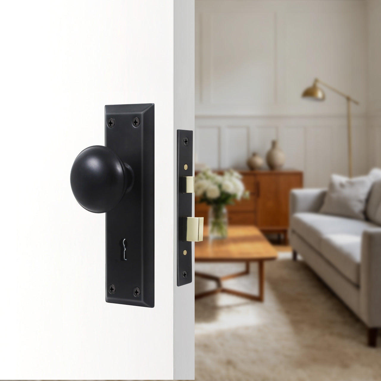 Front door mortise lock set installed on traditional exterior entry door, SENY